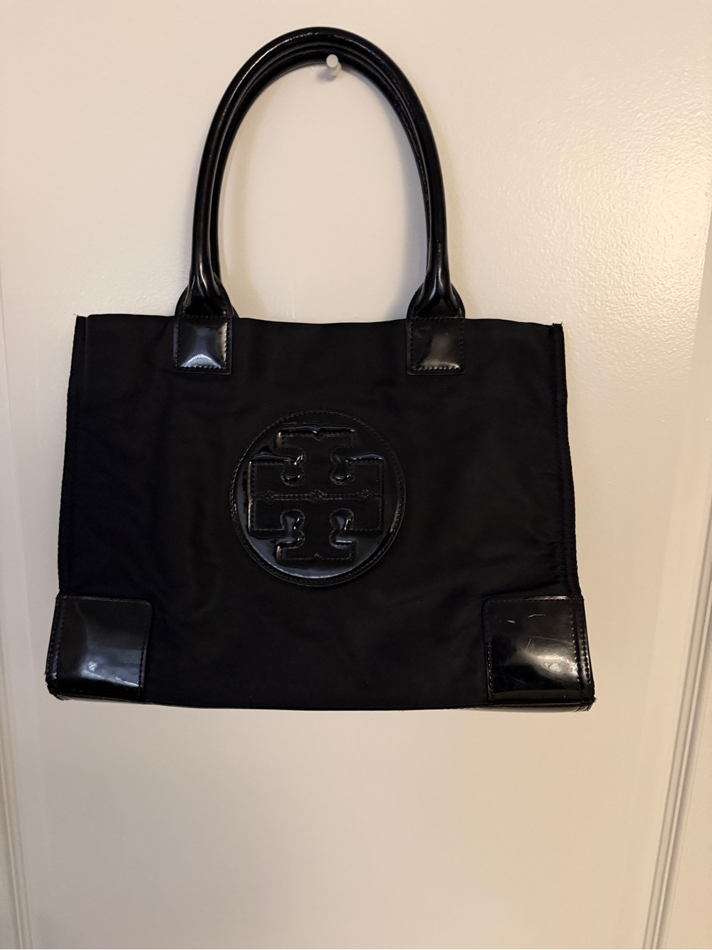 Tory Burch Black Nylon Tote with Patent Logo - Picture 7 of 8